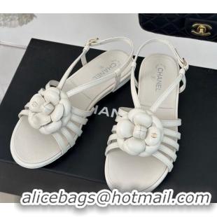 Luxurious Chanel Lambskin Camellia Bloom Flat Slingback Sandals White 108017