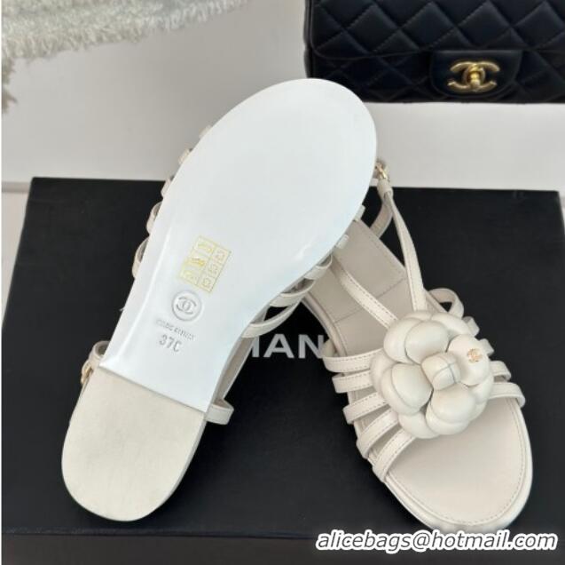 Luxurious Chanel Lambskin Camellia Bloom Flat Slingback Sandals White 108017