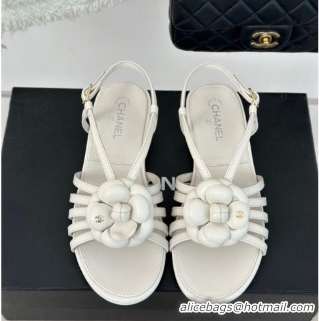 Luxurious Chanel Lambskin Camellia Bloom Flat Slingback Sandals White 108017