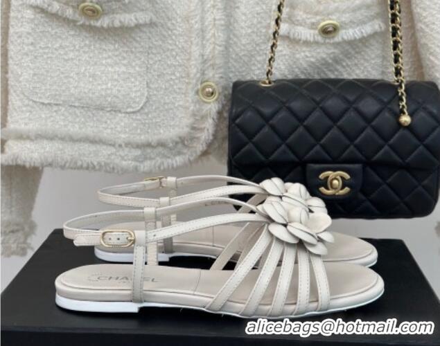 Luxurious Chanel Lambskin Camellia Bloom Flat Slingback Sandals White 108017