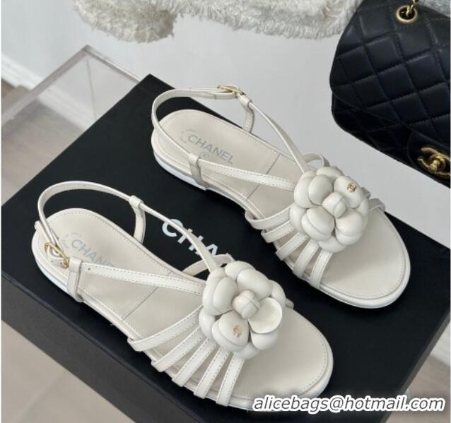 Luxurious Chanel Lambskin Camellia Bloom Flat Slingback Sandals White 108017