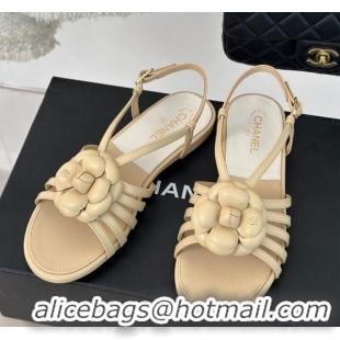 Low Price Chanel Lambskin Camellia Bloom Flat Slingback Sandals Beige 108018