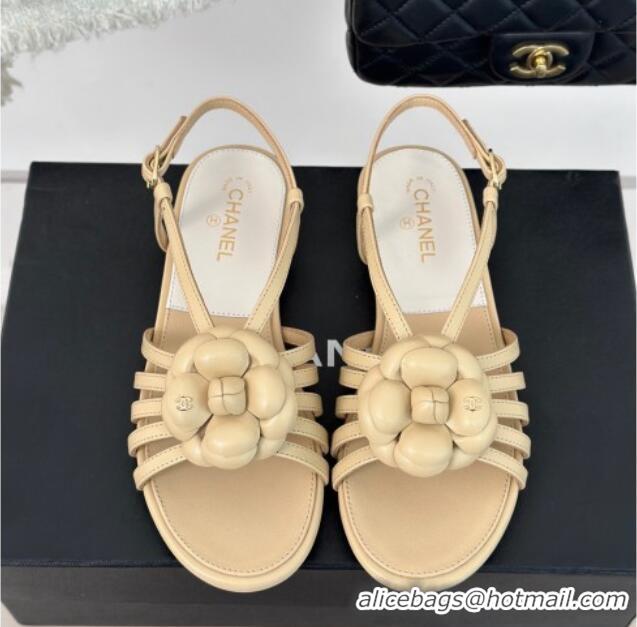 Low Price Chanel Lambskin Camellia Bloom Flat Slingback Sandals Beige 108018