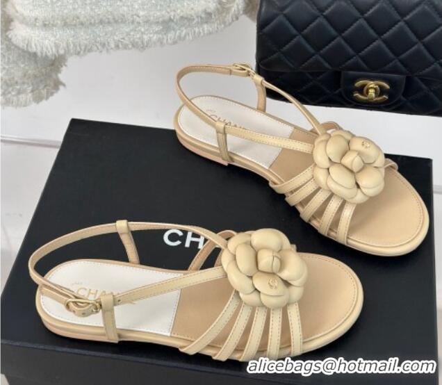 Low Price Chanel Lambskin Camellia Bloom Flat Slingback Sandals Beige 108018