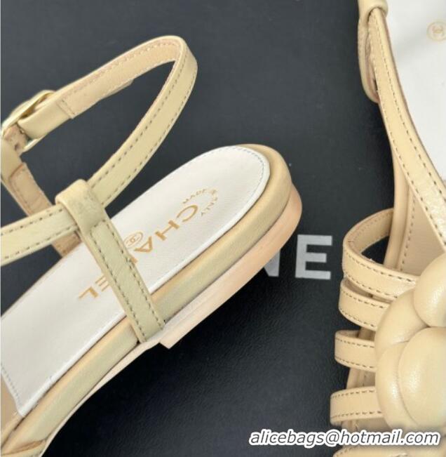 Low Price Chanel Lambskin Camellia Bloom Flat Slingback Sandals Beige 108018