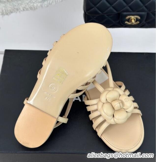 Low Price Chanel Lambskin Camellia Bloom Flat Slingback Sandals Beige 108018