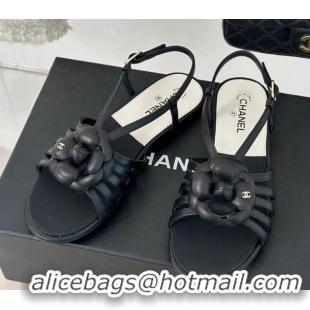 Pretty Style Chanel Lambskin Camellia Bloom Flat Slingback Sandals Black 108019