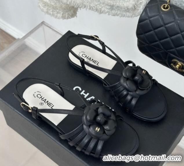 Pretty Style Chanel Lambskin Camellia Bloom Flat Slingback Sandals Black 108019