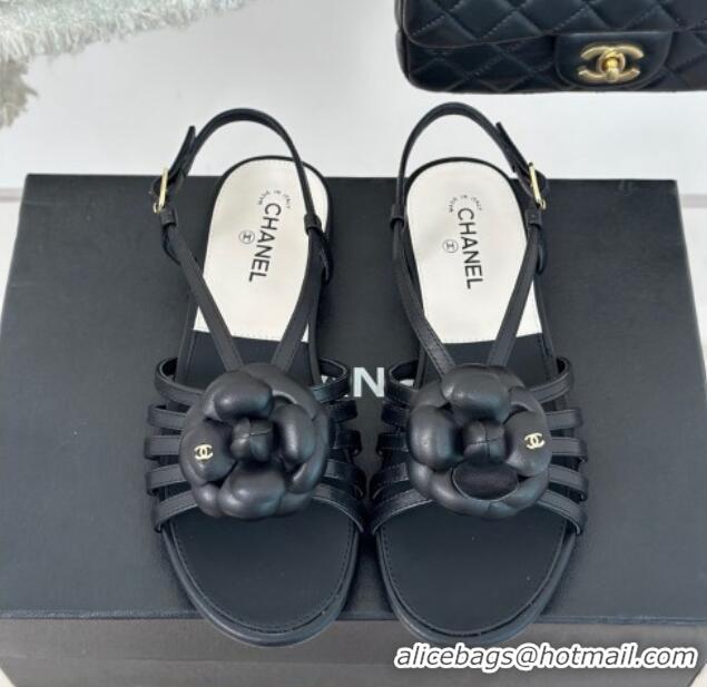 Pretty Style Chanel Lambskin Camellia Bloom Flat Slingback Sandals Black 108019