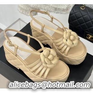 Top Grade Chanel Lambskin Camellia Bloom Platform Slingback Sandals Beige 108020