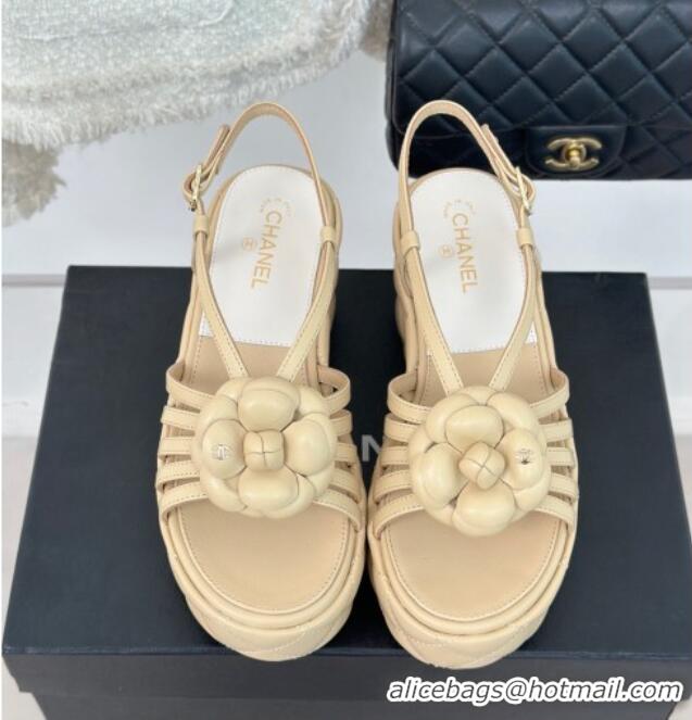 Top Grade Chanel Lambskin Camellia Bloom Platform Slingback Sandals Beige 108020