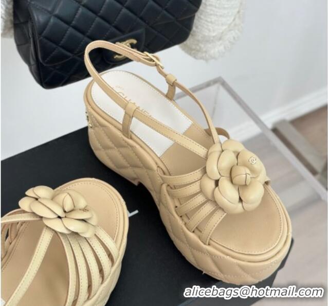 Top Grade Chanel Lambskin Camellia Bloom Platform Slingback Sandals Beige 108020