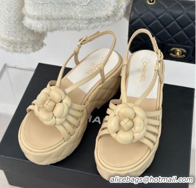 Top Grade Chanel Lambskin Camellia Bloom Platform Slingback Sandals Beige 108020