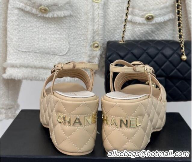 Top Grade Chanel Lambskin Camellia Bloom Platform Slingback Sandals Beige 108020