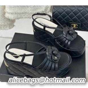 Best Product Chanel Lambskin Camellia Bloom Platform Slingback Sandals Black 108021