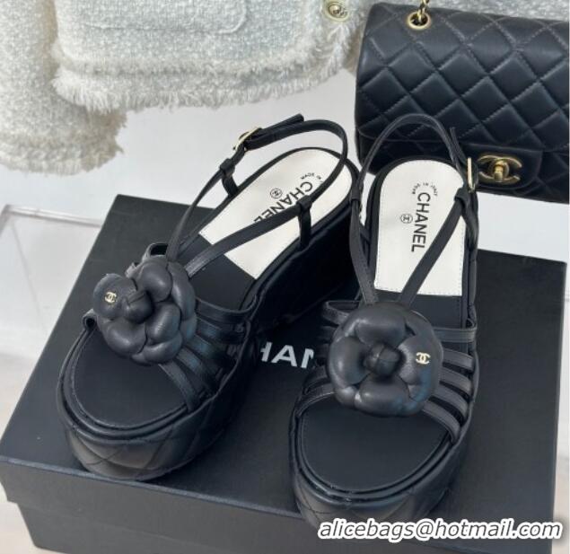 Best Product Chanel Lambskin Camellia Bloom Platform Slingback Sandals Black 108021