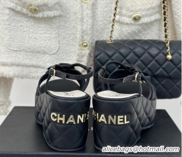 Best Product Chanel Lambskin Camellia Bloom Platform Slingback Sandals Black 108021