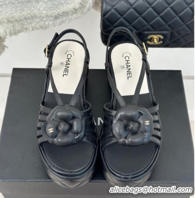 Best Product Chanel Lambskin Camellia Bloom Platform Slingback Sandals Black 108021