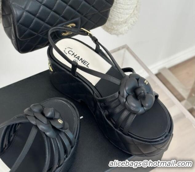 Best Product Chanel Lambskin Camellia Bloom Platform Slingback Sandals Black 108021