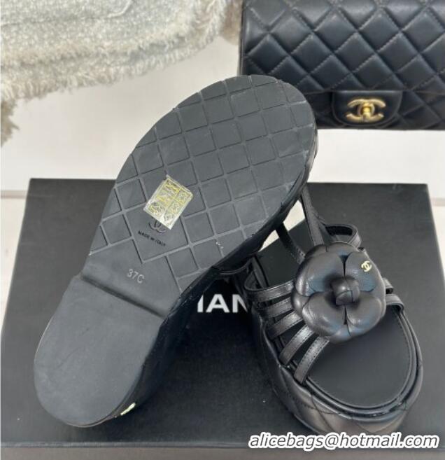 Best Product Chanel Lambskin Camellia Bloom Platform Slingback Sandals Black 108021