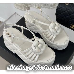 Low Price Chanel Lambskin Camellia Bloom Platform Slingback Sandals White 108022