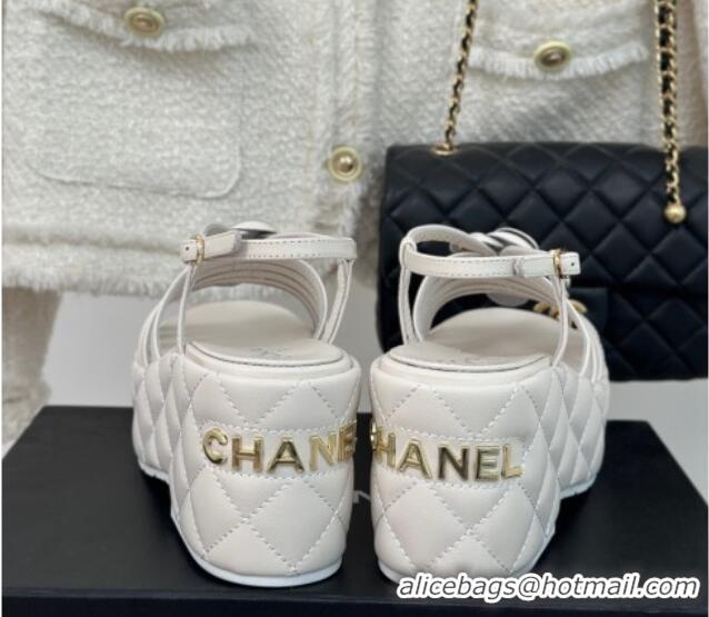 Low Price Chanel Lambskin Camellia Bloom Platform Slingback Sandals White 108022