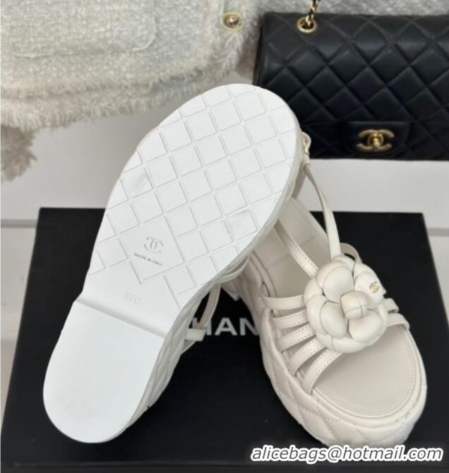 Low Price Chanel Lambskin Camellia Bloom Platform Slingback Sandals White 108022