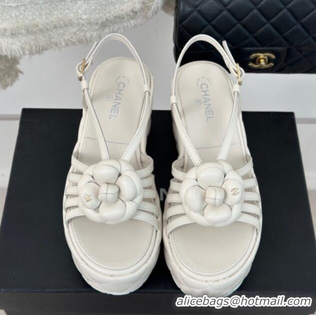 Low Price Chanel Lambskin Camellia Bloom Platform Slingback Sandals White 108022