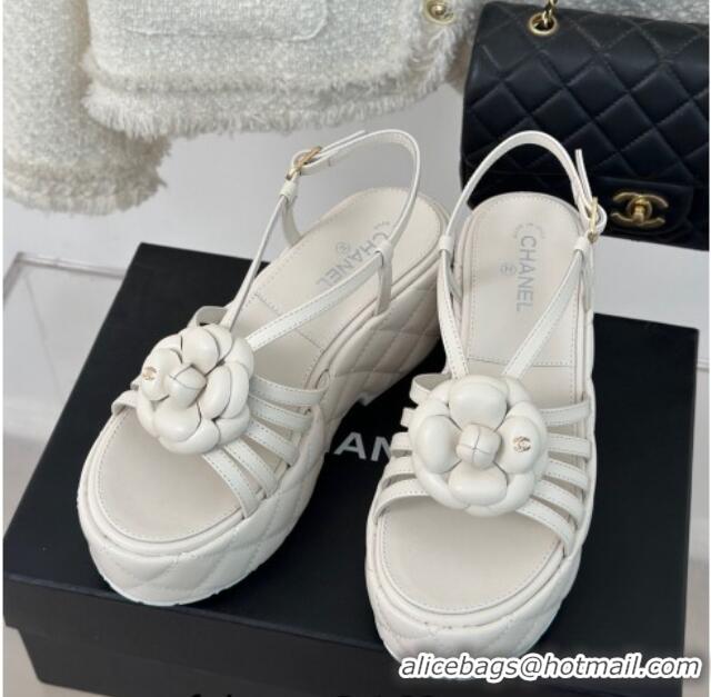 Low Price Chanel Lambskin Camellia Bloom Platform Slingback Sandals White 108022