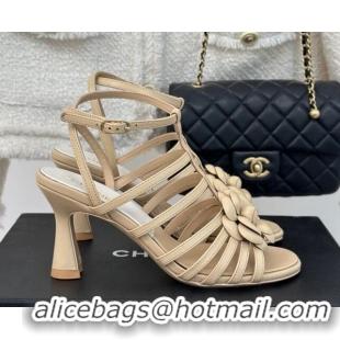 Best Price Chanel Lambskin Camellia Bloom Heel Sandals Beige 108023