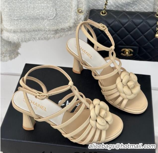 Best Price Chanel Lambskin Camellia Bloom Heel Sandals Beige 108023