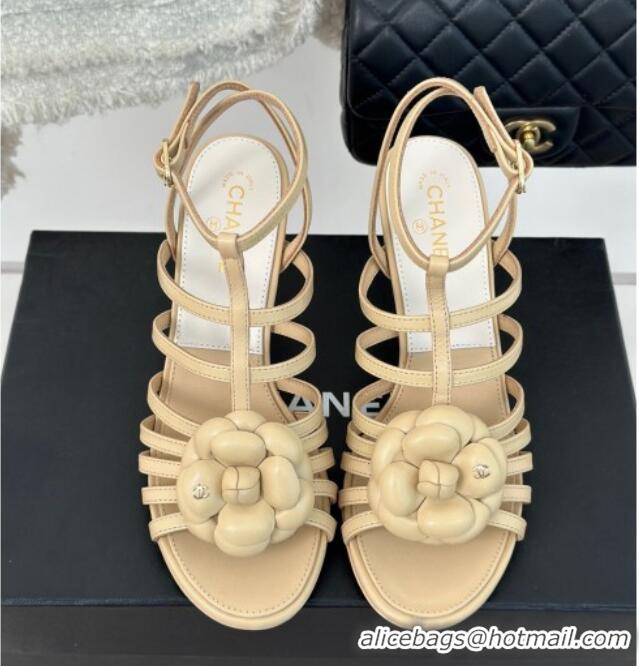 Best Price Chanel Lambskin Camellia Bloom Heel Sandals Beige 108023