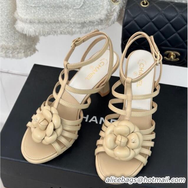 Best Price Chanel Lambskin Camellia Bloom Heel Sandals Beige 108023