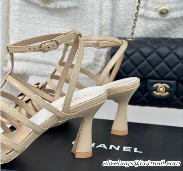 Best Price Chanel Lambskin Camellia Bloom Heel Sandals Beige 108023