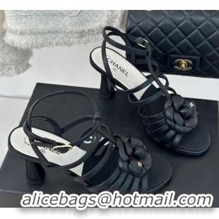 Good Looking Chanel Lambskin Camellia Bloom Heel Sandals Black 108025