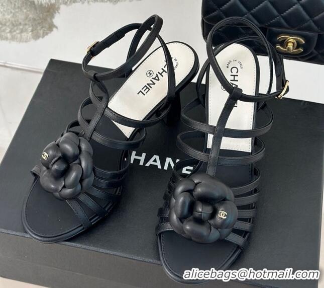 Good Looking Chanel Lambskin Camellia Bloom Heel Sandals Black 108025