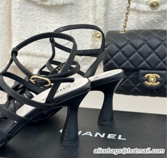 Good Looking Chanel Lambskin Camellia Bloom Heel Sandals Black 108025