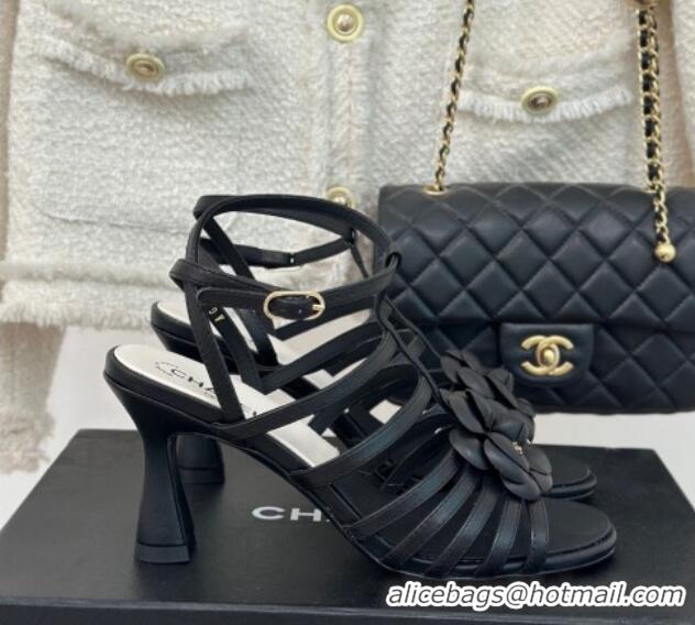 Good Looking Chanel Lambskin Camellia Bloom Heel Sandals Black 108025