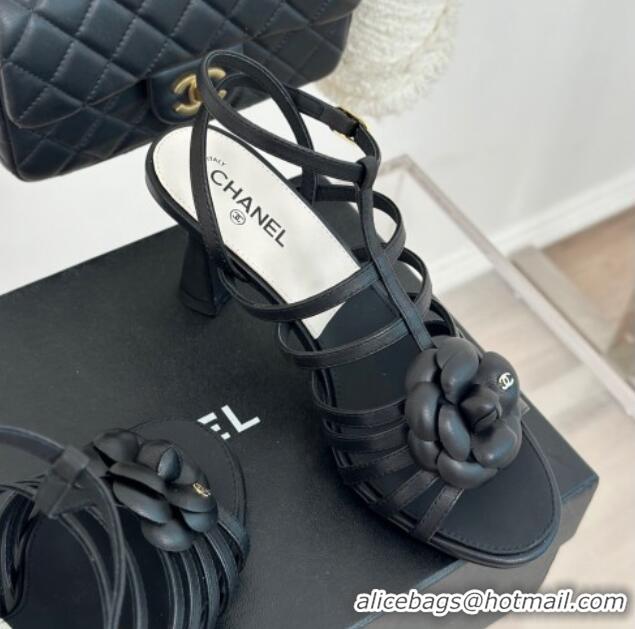 Good Looking Chanel Lambskin Camellia Bloom Heel Sandals Black 108025