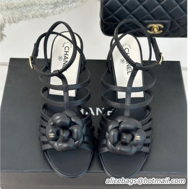 Good Looking Chanel Lambskin Camellia Bloom Heel Sandals Black 108025