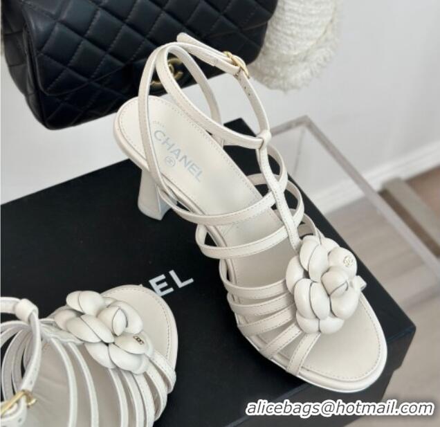 Charming Chanel Lambskin Camellia Bloom Heel Sandals White 108026