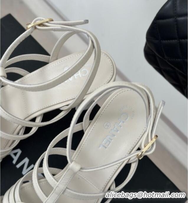 Charming Chanel Lambskin Camellia Bloom Heel Sandals White 108026