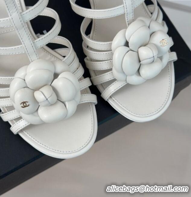 Charming Chanel Lambskin Camellia Bloom Heel Sandals White 108026