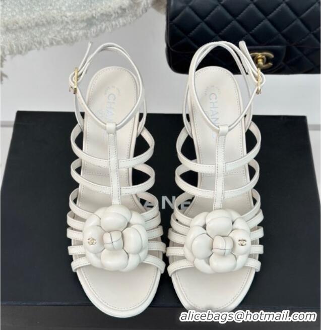 Charming Chanel Lambskin Camellia Bloom Heel Sandals White 108026