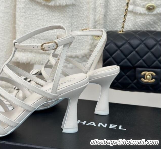 Charming Chanel Lambskin Camellia Bloom Heel Sandals White 108026