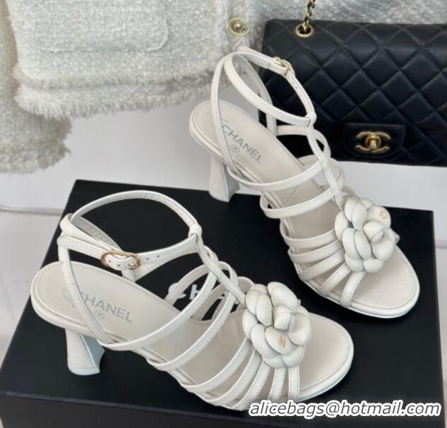 Charming Chanel Lambskin Camellia Bloom Heel Sandals White 108026