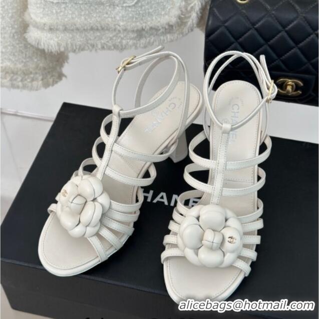 Charming Chanel Lambskin Camellia Bloom Heel Sandals White 108026