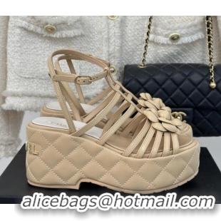 Purchase Chanel Lambskin Leather Camellia Bloom Platform Sandals Beige 108024