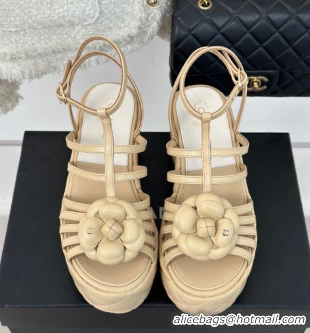 Purchase Chanel Lambskin Leather Camellia Bloom Platform Sandals Beige 108024