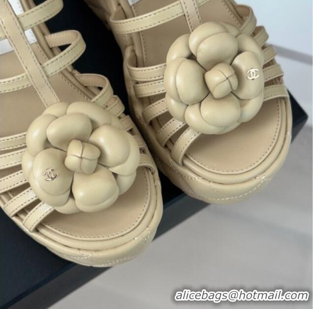 Purchase Chanel Lambskin Leather Camellia Bloom Platform Sandals Beige 108024